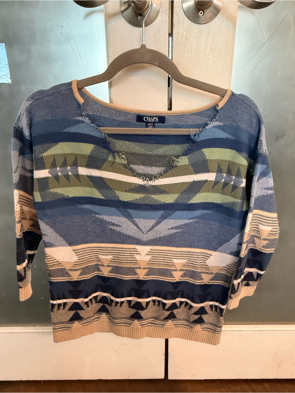 Chaps Striped Geometric Knit Top - Blue, Green, Cream
